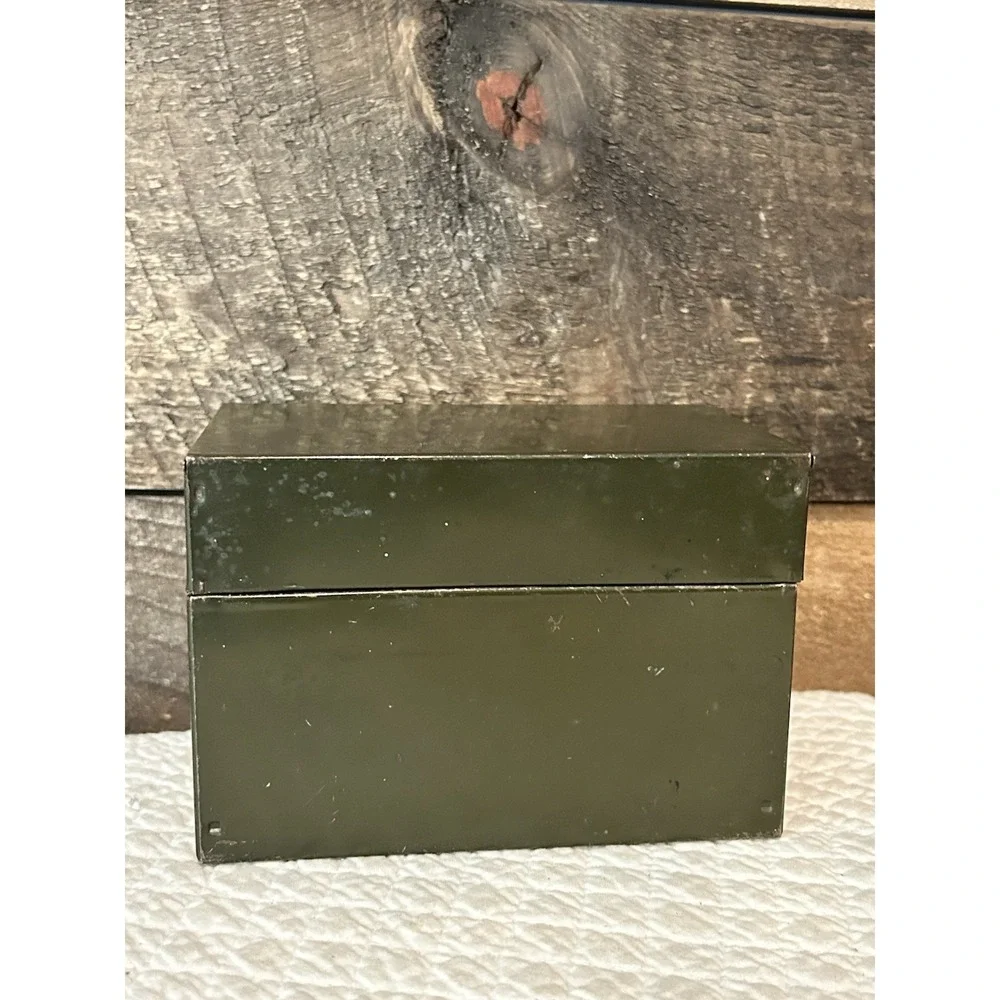 Vintage Green Index Recipe Filing Tin Metal Hinged 3x5‎ Box with Cards Dividers
